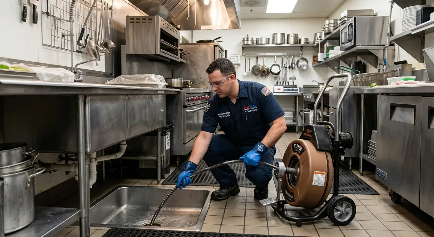 Commercial drain cleaning service in a restaurant kitchen in Wall