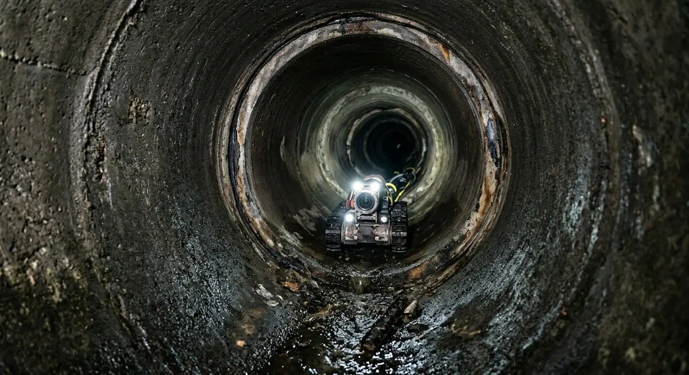 Robotic sewer camera inspecting pipe interior for Sewer Line Cleaning in Wall