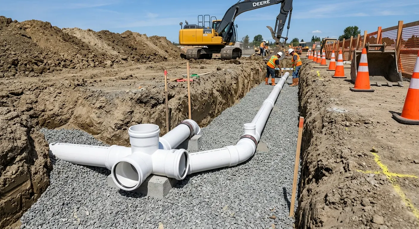 New PVC sewer pipe installation in open trench for Commercial Drain Cleaning in Wall