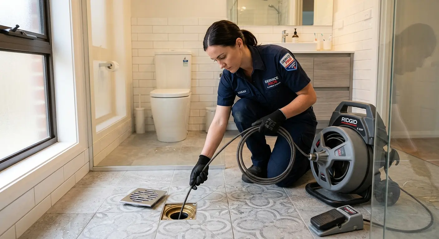 Technician clearing a bathroom floor drain for Clogged Drain Repair in Wall